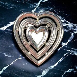 Vtg Signed Crown Trifari Silver Tone Metal Layered Triple Hearts Brooch Pin 2”